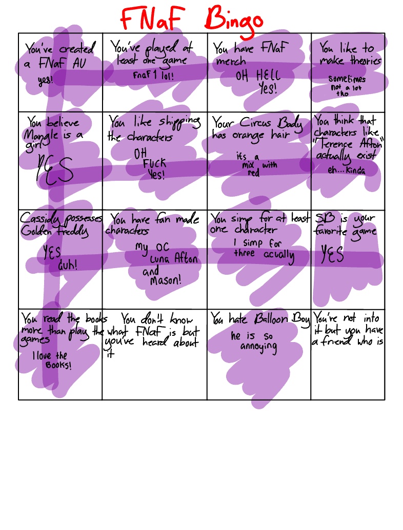 Five Nights at Freddy's Bingo! Bingo Card