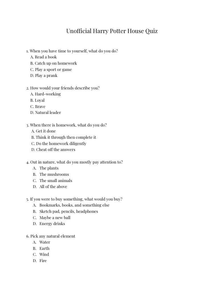 Unofficial Harry Potter House Quiz - Notability Gallery