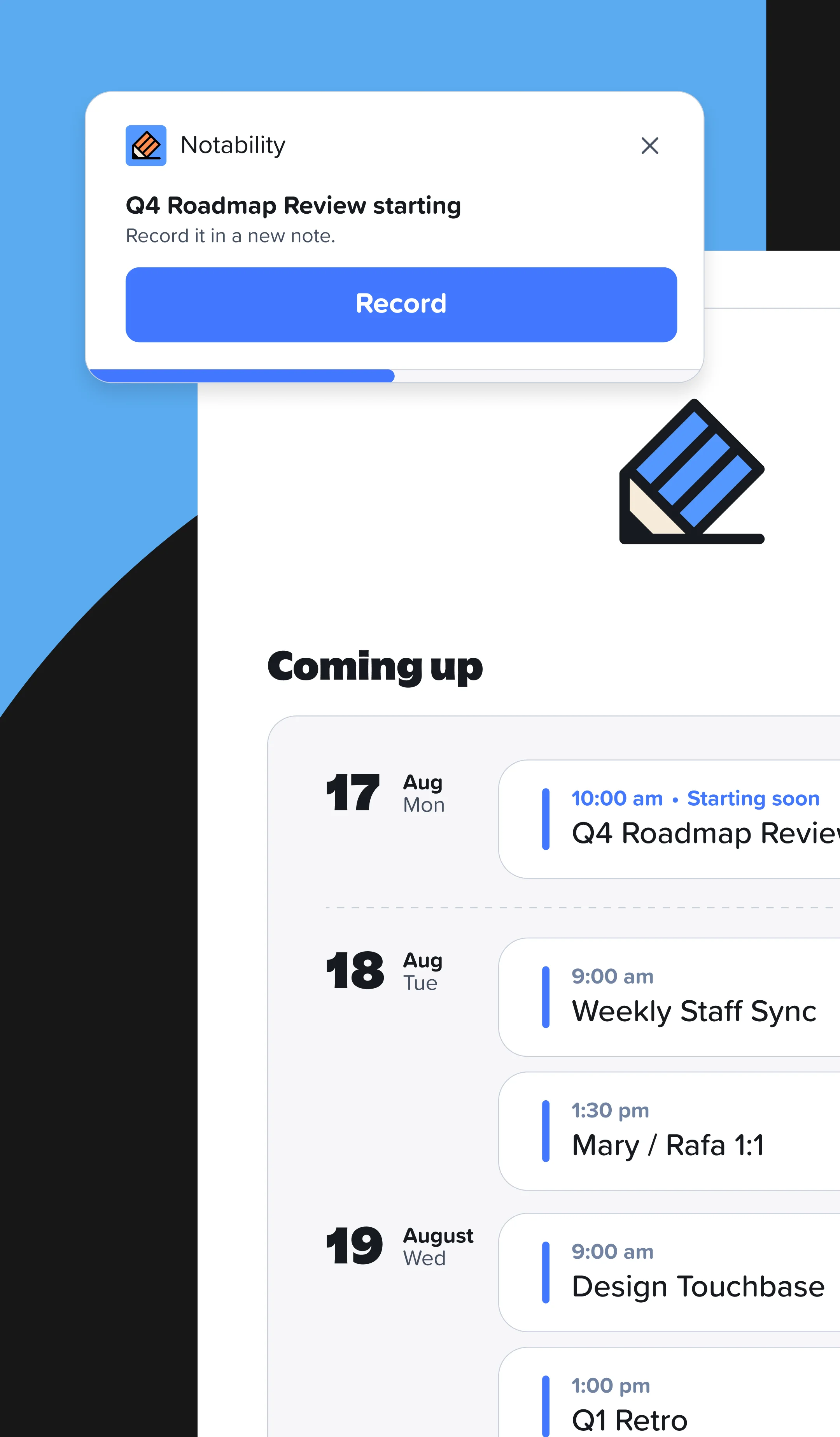 A Notability notification offering to record a meeting that is starting, above a list of upcoming meetings